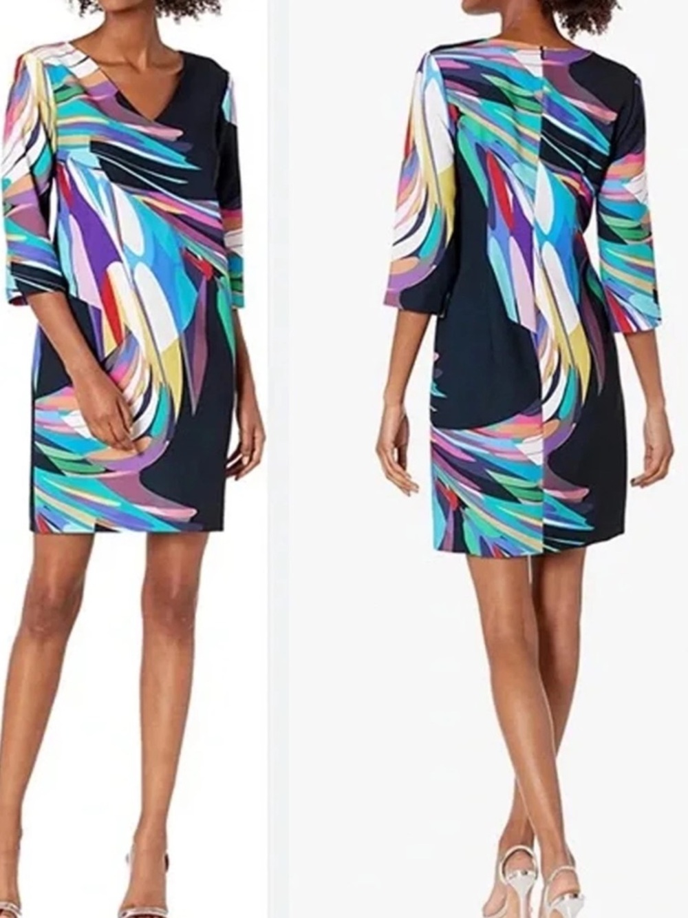 🩷NWOT Trina Turk Black & Multicolor Abstract Print V-Neck Shift Dress Size 4🩷